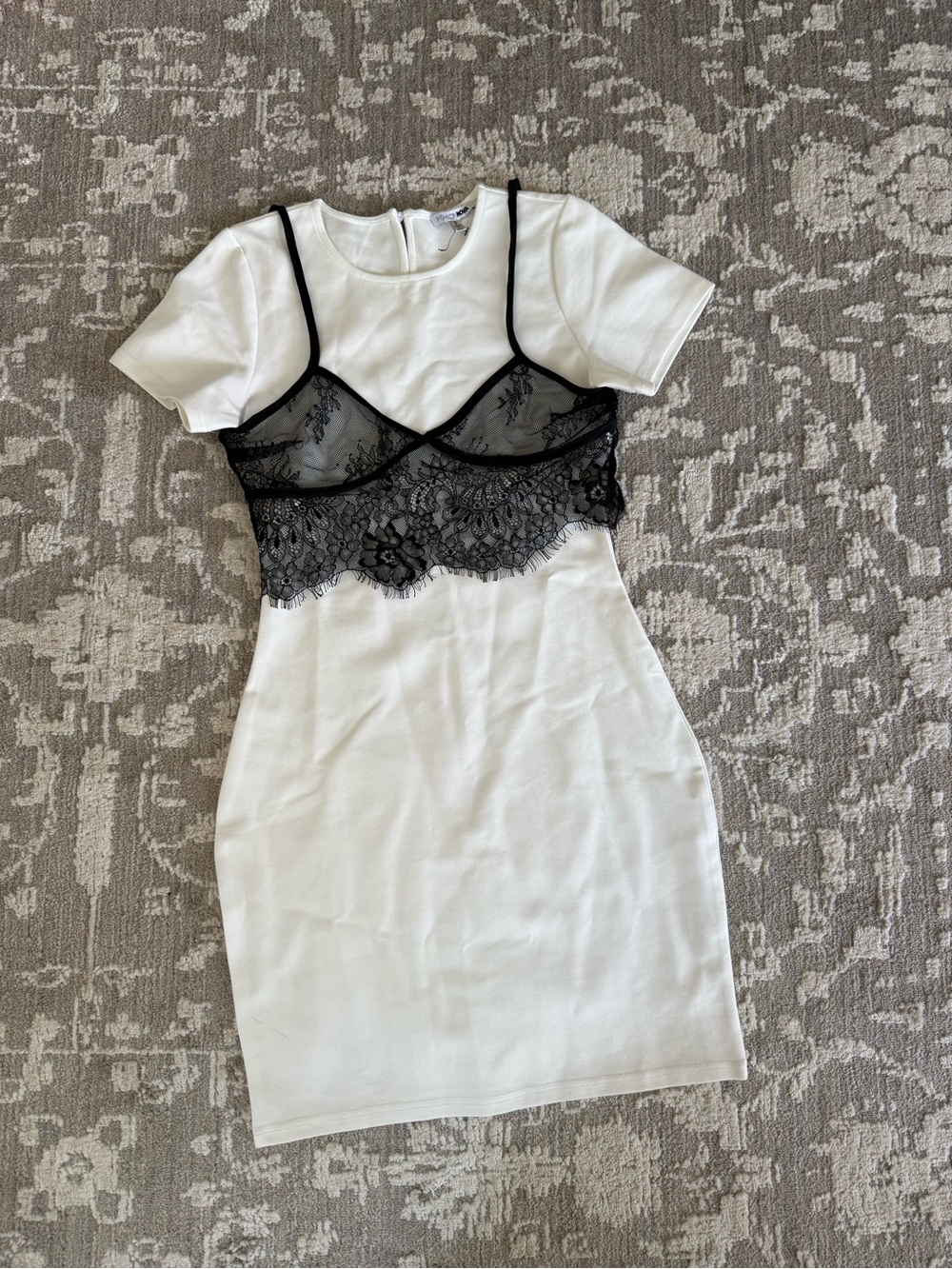 Fashion Nova White Dress with Black Lace Overlay NWOT